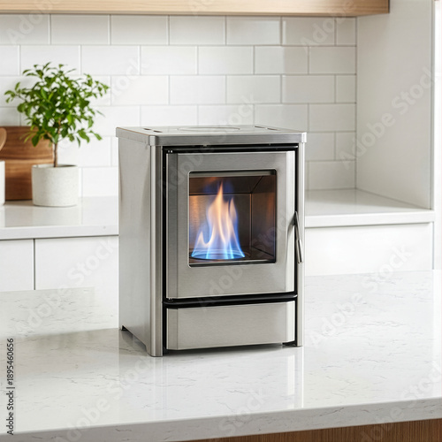 Modern stainless steel clean cookstove with blue flame on white countertop, eco friendly solution for household air pollution, sustainable energy appliance for healthy indoor cooking.