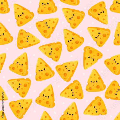 Cute smiling cheese slices seamless pattern on pink background
