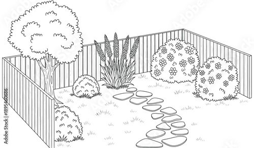 A black and white illustration of a garden with a fence, tree, bushes, and stepping stones