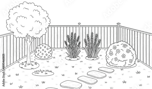 A black and white line drawing of a garden with a tree, plants, and a fence surrounding a small yard with stepping stones