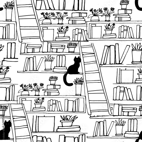 book shelves hand drawn seamless pattern with cat