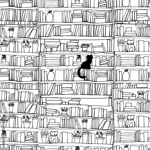 book shelves hand drawn seamless pattern with cat
