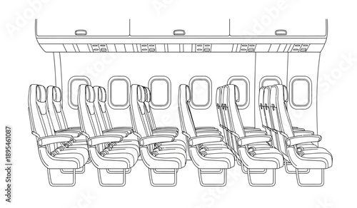 Airplane seats in a row with safety features and amenities