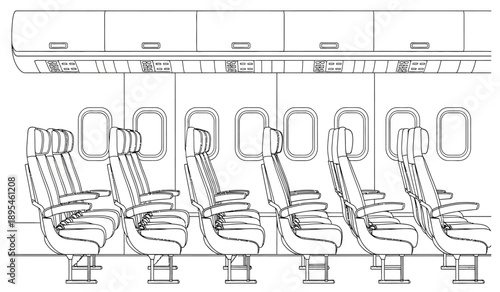 Detailed line drawing of multiple airplane seats in a row on an aircraft with overhead storage compartments