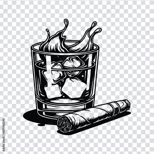 Vector illustration a black and white illustration of cigars in a glass with ice cubes and a rolled cigar beside it on a transparent background
