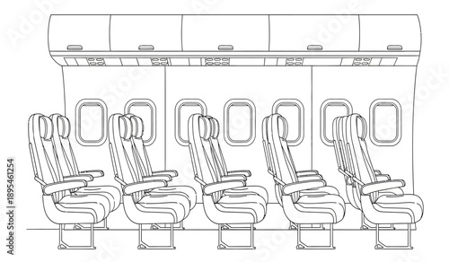 Detailed technical drawing of multiple reclining airplane seats in a row with overhead storage compartments