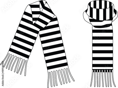 Black and white striped scarf illustration, winter fashion accessory with fringe details, flat vector design showing hanging and wrapped views isolated on white