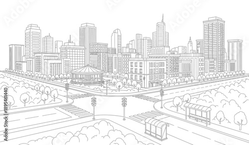 City skyline with buildings and roads illustrated in a line drawing style
