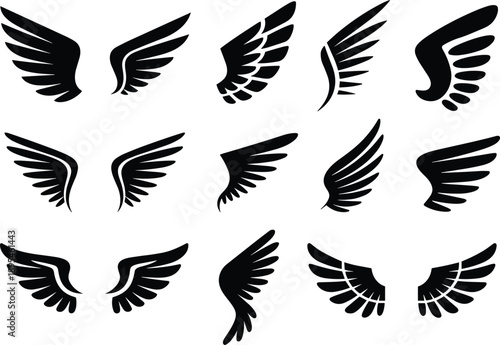 Black angel wings silhouettes collection, bird wings vector illustration set for tattoo, logo and emblem design, isolated minimalist graphic elements