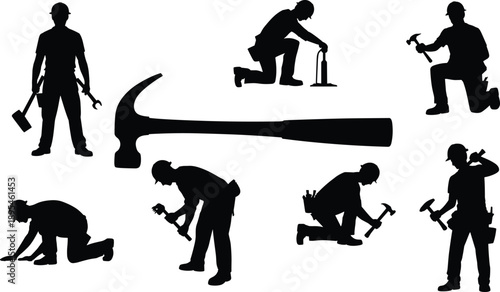 Black silhouette vector set of professional construction workers using hand tools like hammers and wrenches for home repair maintenance building and handyman branding design