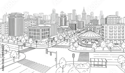Black and white illustration of a cityscape with buildings, trees, and a gazebo in a park setting with an american flag
