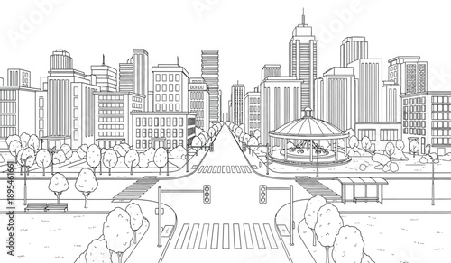 City skyline with buildings and trees in a line drawing style