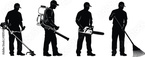 Black silhouette vector set of professional gardeners performing yard maintenance with string trimmers leaf blowers chainsaws and rakes for landscaping service branding and business