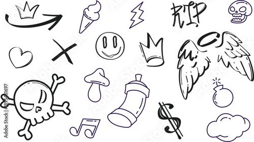 street art graffiti spray doodle symbols with hearts skulls angel wings crowns and arrows in hand drawn black paint style stock illustration