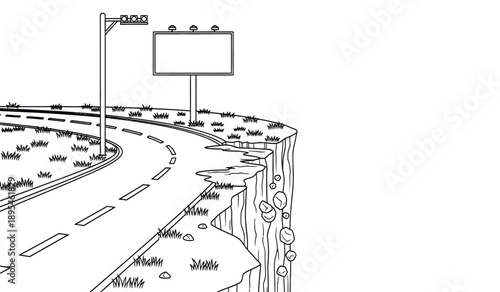 A black and white illustration of a winding road with a billboard and streetlight