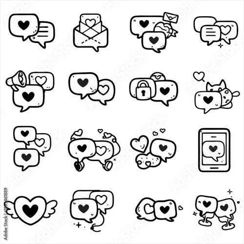 Valentine Love Chat Bubble Icon Set. Cute Love Message Chat Icons Collection, Cute Hand Drawn Doodle Vector