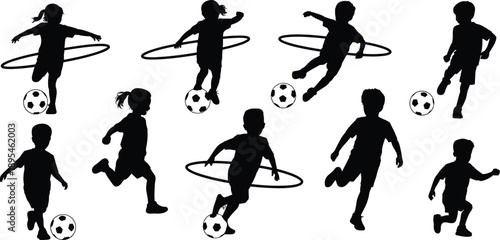 Black silhouette vector set of active children playing soccer with footballs and using hula hoops for physical education fitness and youth sports branding