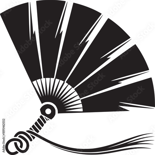A stylized black and white illustration of an open fan with a decorative tassel on a white background