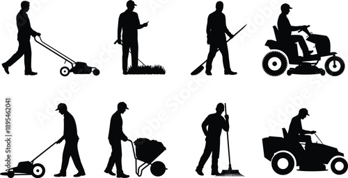 Black silhouette vector set of professional gardeners performing lawn care maintenance with lawnmowers grass trimmers wheelbarrows and rakes for landscaping service branding and gardening business