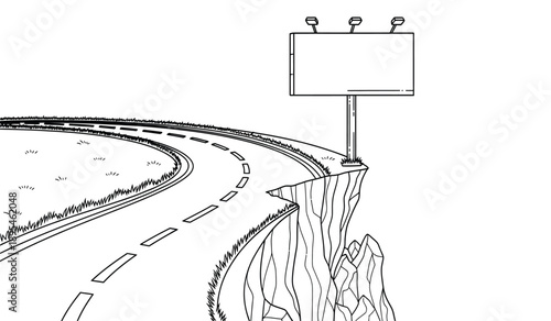 A black and white illustration of a winding road with a blank billboard on the side of a cliff