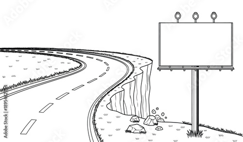 A blank billboard sign standing alone on the side of a winding road with a cliff and rocks