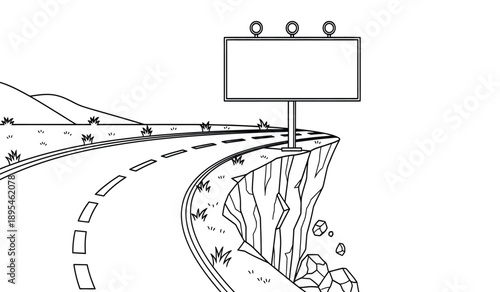 A blank billboard sign on a cliffside road with a winding path and mountains in the background