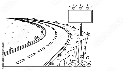A black and white illustration of a winding road with a blank billboard on the side of a cliff