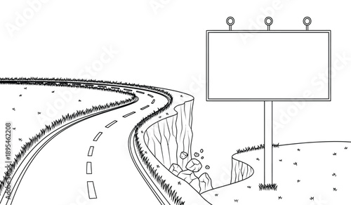 A black and white illustration of a blank billboard sign on the side of a winding road with a cliff and trees