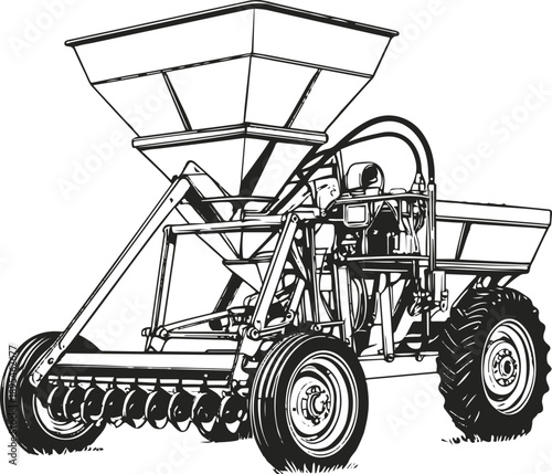 Seed sowing machine illustration, clean line art, stock vector. 1