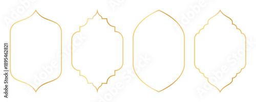 Islamic golden frames collection. Traditional Arabic door and window frames. Oriental mosque arch in luxury style. Set of outline Arabic golden frames and windows with Islamic patterns. Vector