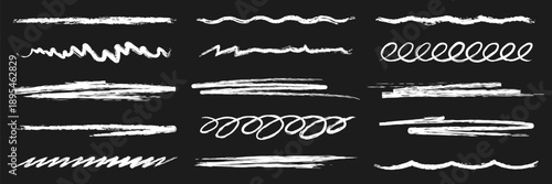 Set of chalk lines and scribbles with realistic wax crayon texture. Hand-drawn chalk brush strokes with rough grunge texture. Chalk brush strokes, lines for highlighting and underlining text. Vector