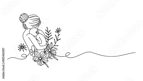 A woman in a floral dress with her hair styled up surrounded by flowers and foliage in a whimsical illustration