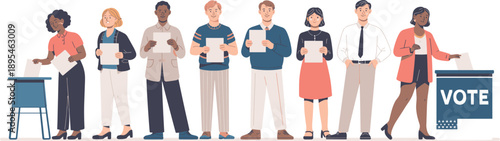 Diverse people voting illustration, democratic election process with men and women casting ballots, flat vector design representing civic duty and political participation