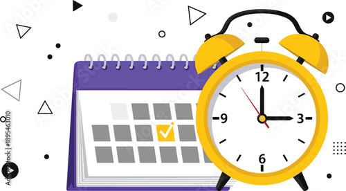 Deadline reminder and schedule planning illustration with calendar and alarm clock showing time management, task completion, productivity planning, and appointment notification concept
