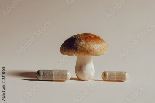 Mushroom and capsules sit on a light surface with soft shadows casting around them in a focused arrangement