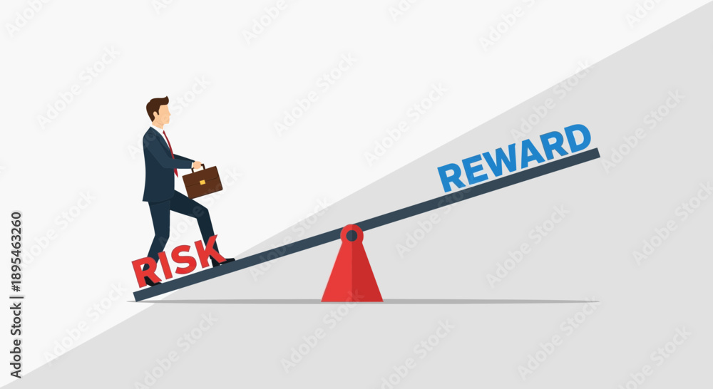 Fototapeta premium Businessman Balancing Risk and Reward on a Seesaw