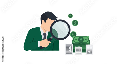 Businessman analyzing financial documents and money