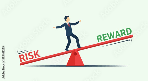 Businessman balancing risk and reward on a seesaw