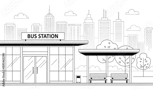 A black and white illustration of a bus station with a city skyline in the background and a bench under a shelter