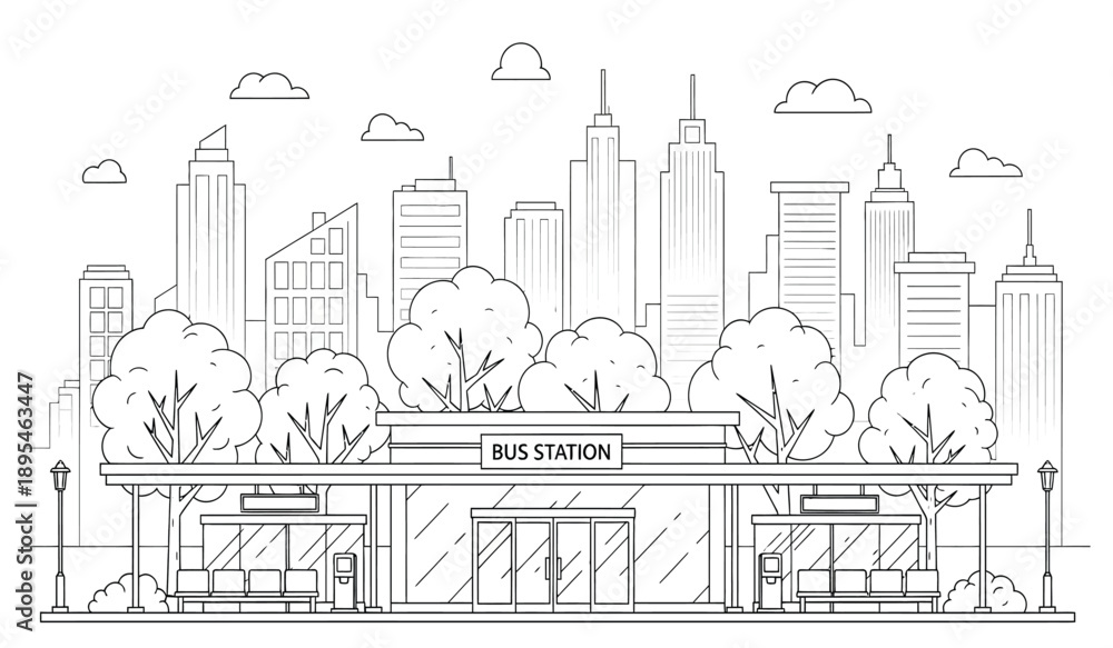 Naklejka premium A black and white line drawing of a city street with a restaurant and trees