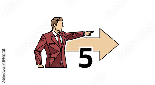 Businessman pointing to large arrow with number 5