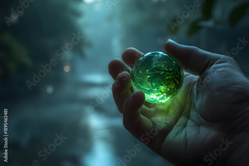 Holding a green orb in a forest during a misty morning with blurred background and soft light