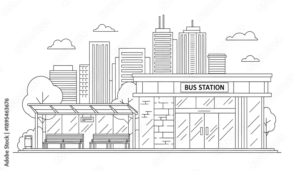 Naklejka premium A black and white line drawing of a bus station with buildings and trees