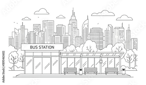 A black and white line drawing of a bus station with a city skyline in the background and