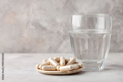 Capsules on a small plate next to a glass of clear water on a light textured surface in a simple indoor setting