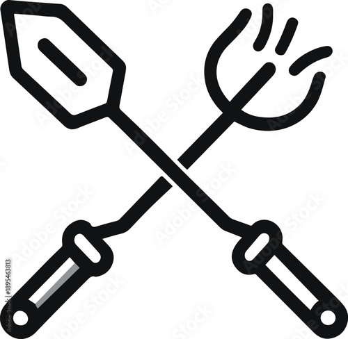 Shovel and hoe crossed icon, black and white, minimal vector