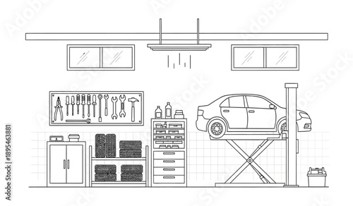 A detailed line drawing of a car repair garage with tools and equipment