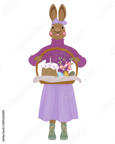Bunny holding an Easter basket in its paws on a white background 