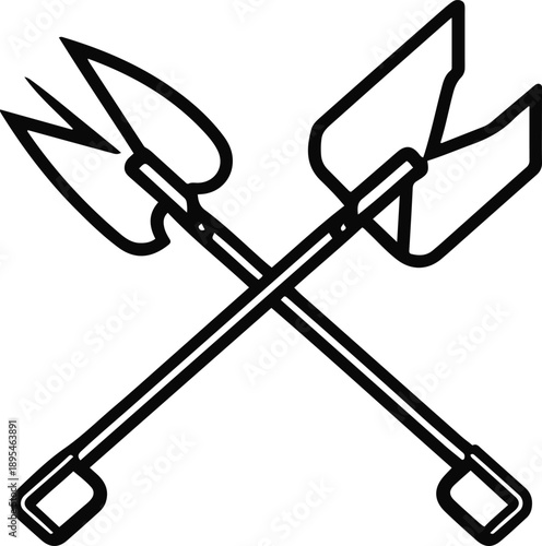 Shovel and hoe crossed icon, black and white, minimal vector 2