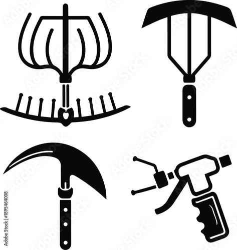  Set of agriculture tools icons, hoe, shovel, sickle, sprayer, black and white vector, flat icon style